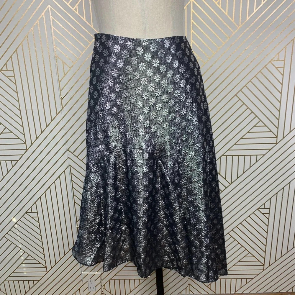 Dodo Bar Or Kathy Lurex Metallic Floral Tiered‎ A-Line Skirt Silver Size US 4/6 - Picture 2 of 12